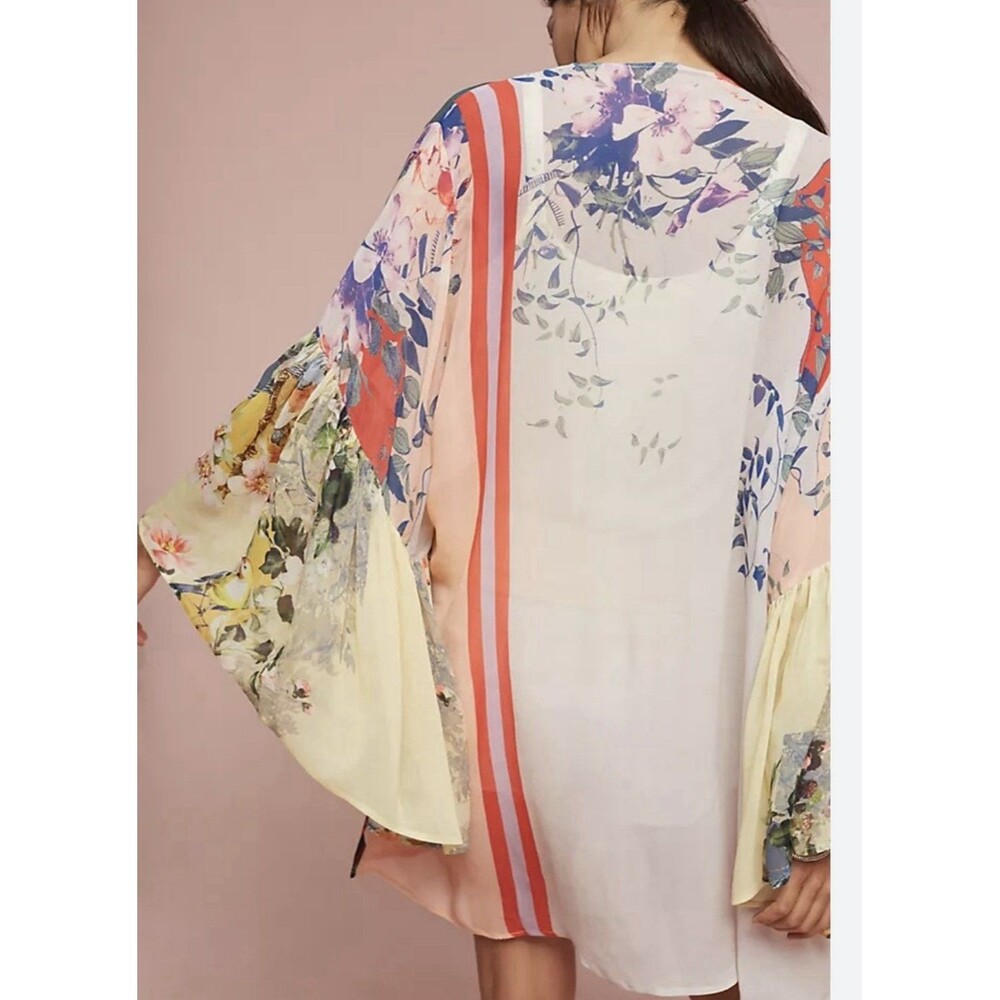 Anthropologie Floreat O/S Georgette Floral Kimono Sheer Bell Sleeve Cardigan